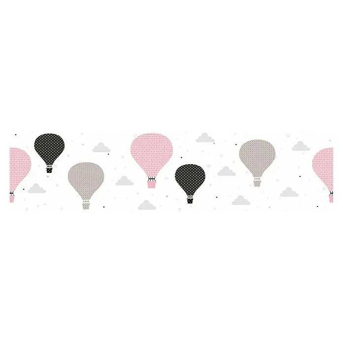 A.S. Création Lovely Kids Tapetenborte - Kunststoff, Heißluftballons - Das Bild zeigt ein nahtloses Muster mit Heißluftballons und Wolken in Rosa-, Grau- und Schwarztönen, ideal für Kinderzimmerdekorationen.