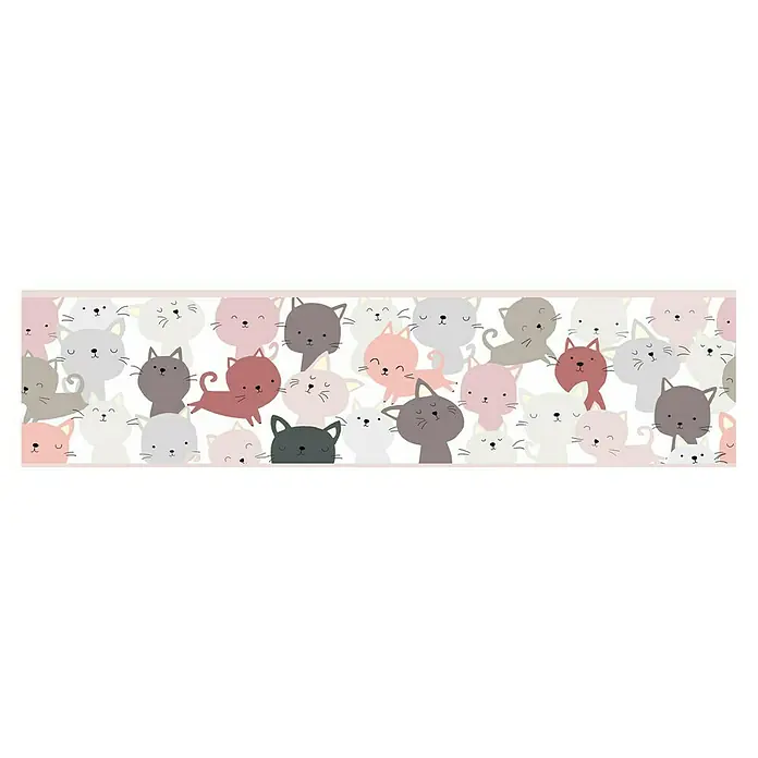 A.S. Création Lovely Kids Tapetenborte - Kunststoff, Kätzchen Rosa - Niedliche Katzen Tapete mit bunten Katzenköpfen. Verspieltes Design, perfekt für Kinderzimmer oder Katzenliebhaber.
