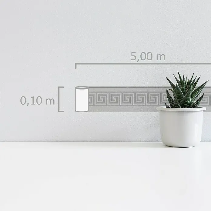 A.S. Création Only Borders 11 Tapetenborte Mäander - Grau/Silber, 5 x 0,1 m, Vlies - Illustration einer Bordüre mit griechischem Mäandermuster, die die Wand schmückt und mit Maßen von 0,10 m Höhe und 5,00 m Länge versehen ist.