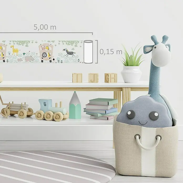 A.S. Création Only Borders 11 Tapetenborte Safari - Kunststoff, Gelb/Grün - Kinderzimmer-Szene mit einem Roll Tapetenbordüre mit Tiermotiven, die eine fröhliche und verspielte Atmosphäre schafft.