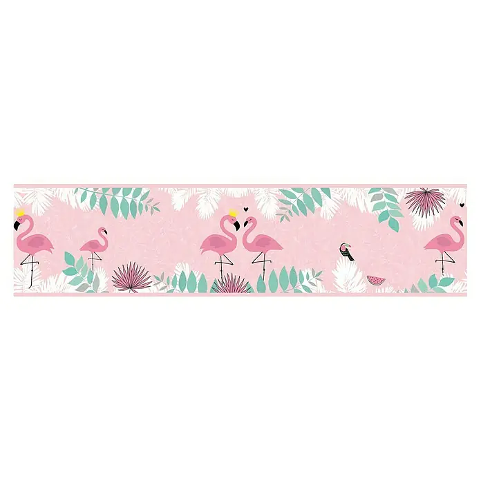 A.S. Création Lovely Kids Tapetenborte - Kunststoff, Flamingos - Ein horizontales Banner mit Flamingos, Blättern und Pflanzen auf rosafarbenem Hintergrund. Das Design ist ideal für Sommerprodukte und tropische Themen.
