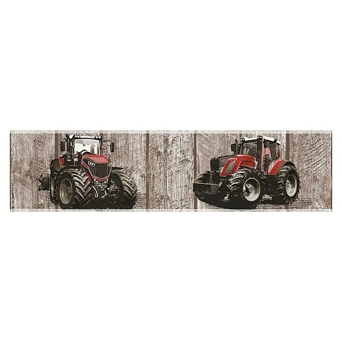 A.S. Création Only Borders 11 Tapetenborte Traktor - Kunststoff, Rot/Braun - Ein auffälliges Bild zweier roter Traktoren, die vor einem Hintergrund aus Holzplanken stehen, perfekt für Landwirtschafts-Enthusiasten.