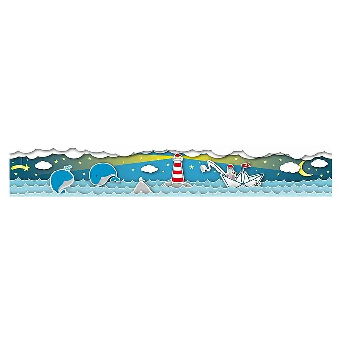 A.S. Création Lovely Kids Tapetenborte - Kunststoff, Wale mit Sternen - Maritime Bordüre mit Walen, Leuchtturm und Boot für ein maritimes Kinderzimmer.