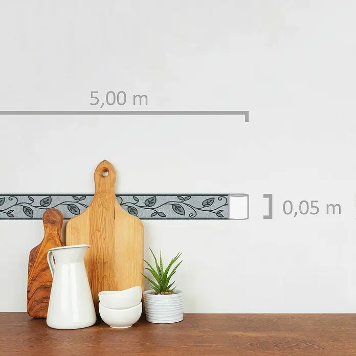 A.S. Création Only Borders 11 Tapetenborte Ranke - Kunststoff, Grau - Dekorative Bordüre mit Blättermuster für eine stilvolle Wandgestaltung, 5 m lang und 0,05 m breit, ideal für Küche und Wohnbereich.