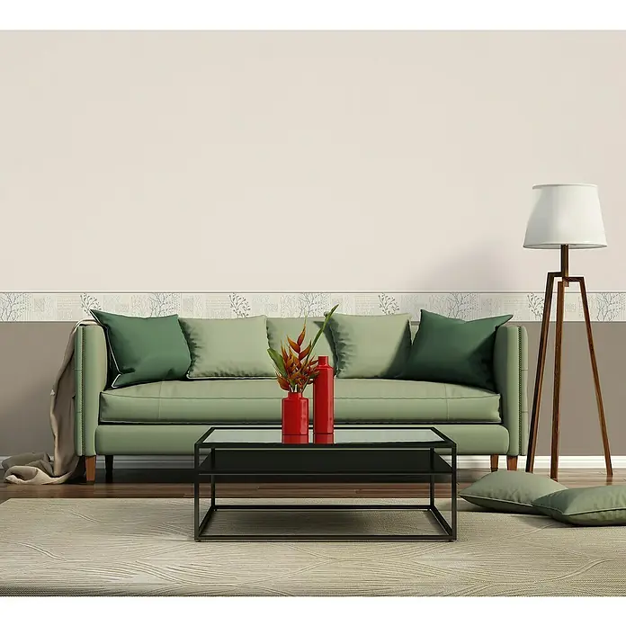 A.S. Création Only Borders 11 Tapetenborte - Kunststoff, Grau/Creme - Grünes Sofa mit Kissen in einem Wohnzimmer, das durch seinen minimalistischen Stil überzeugt. Perfekt für entspannte Stunden.