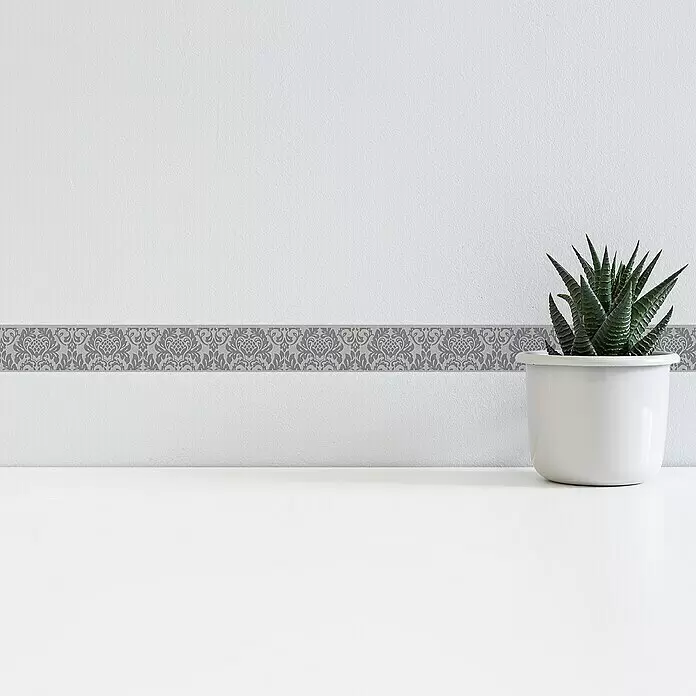 A.S. Création Only Borders 11 Tapetenborte Ornament - Kunststoff, Grau - Texturierte grüne Haworthia-Sukkulente in einem schlichten weißen Topf.