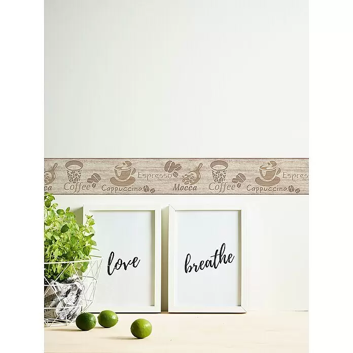 A.S. Création Only Borders 11 Tapetenborte - Kunststoff, Cappuccino - Dekorative braune Wandbordüre in Holzmaserung mit Kaffeetassen, Bohnen und Wörtern wie 'Coffee' und 'Espresso'.