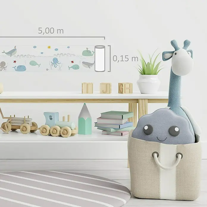 A.S. Création Lovely Kids Tapetenborte - Kunststoff, Wale - Kinderzimmer mit niedlicher Meerestapete mit Walen, Tintenfischen und Seesternen, 5,00 m breit und 0,15 m hoch für eine fröhliche Atmosphäre.