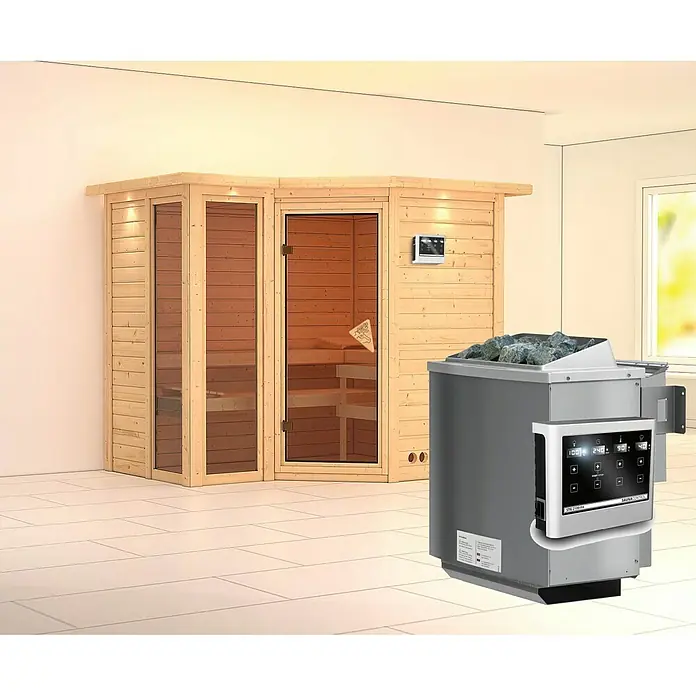 Karibu Massivholzsauna Amara - Mit 9 kW Bio-Ofen mit externer Steuerung, Mit Dachkranz und Beleuchtung, L x B x H: 264 x 198 x 200 cm - Abgebildet ist eine Sauna mit einem Saunaofen mit Steinen, der eine entspannende Wellness-Atmosphäre verspricht.