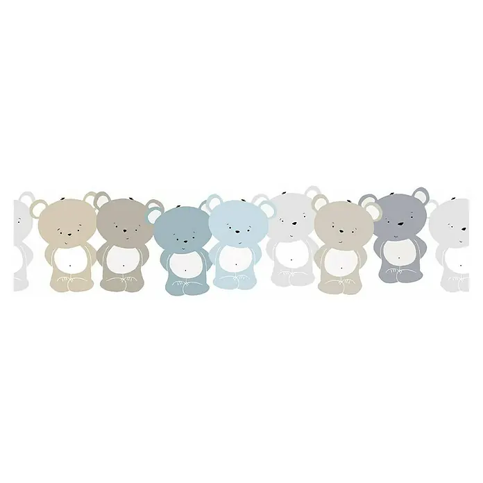 A.S. Création Lovely Kids Tapetenborte - Kunststoff, Bärchen Beige-Blau - Eine Reihe niedlicher, bunter Teddybären, die eine verspielte Bordüre für ein Kinderzimmer oder eine Kinderdekoration bilden.