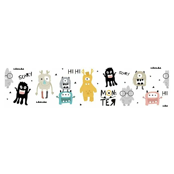 A.S. Création Lovely Kids Tapetenborte - Kunststoff, Monsterparty - Eine niedliche Illustration mit lustigen Monstern und grafischen Elementen auf einem Banner mit bunten Figuren und der Aufschrift "Scary".