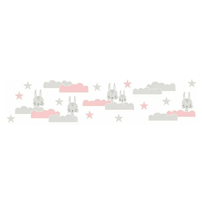 A.S. Création Lovely Kids Tapetenborte - Kunststoff, Wolke & Häschen - Wandtattoo mit Hasen, Sternen und Wolken in Grau und Rosa, ideal für ein Kinderzimmer. Niedliches Design für eine freundliche Atmosphäre.