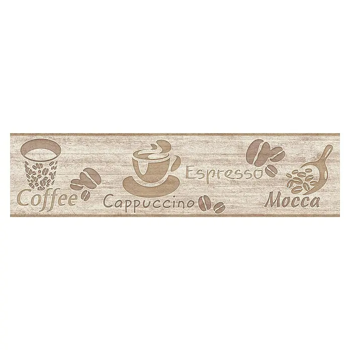 A.S. Création Only Borders 11 Tapetenborte - Kunststoff, Cappuccino - Kaffee, Espresso, Cappuccino und Mocca-Getränke Illustration mit Kaffeebohnen-Akzenten auf hellem, strukturiertem Holzgrund.