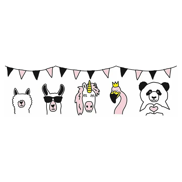 A.S. Création Lovely Kids Tapetenborte - Kunststoff, Fabeltiere - Niedliche Tierillustrationen mit Lama, Einhorn, Flamingo und Panda unter einer Partygirlande.