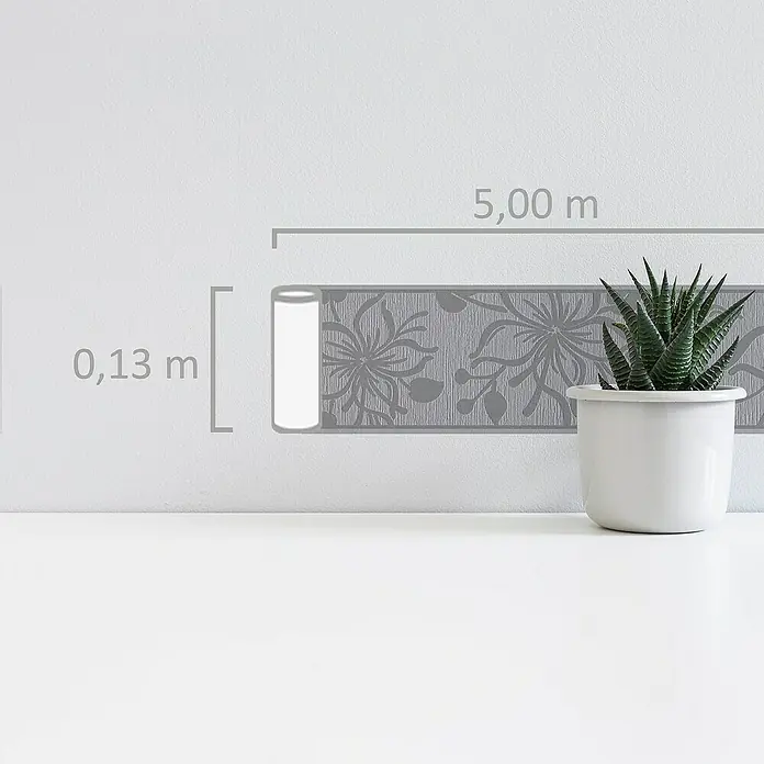 A.S. Création Only Borders 11 Tapetenborte Blume - Mittelgrau/Silber, 5 x 0,13 m, Selbstklebefolie - Eine Nahaufnahme einer Bordüre mit floralem Muster und Maßangaben. Dekoratives Element für stilvolle Wandgestaltung.