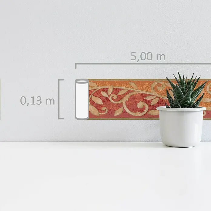 A.S. Création Only Borders 11 Tapetenborte Ranke - Rot/Orange, 5 x 0,13 m, Strukturprofil - Nahaufnahme einer Bordüre mit floralem Muster in Rot-, Orange- und Goldtönen, die eine elegante Note in jeden Raum bringt.
