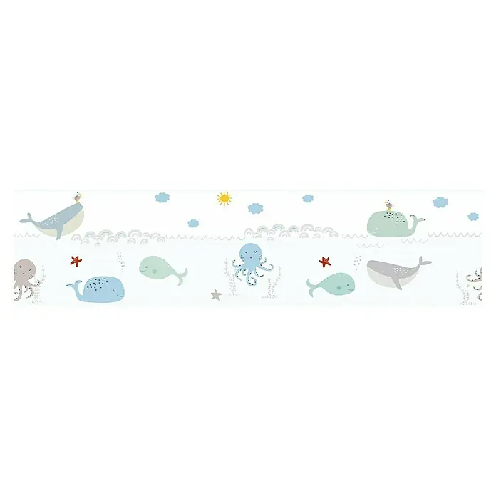 A.S. Création Lovely Kids Tapetenborte - Kunststoff, Wale - Illustration mit Meerestieren wie Walen, Oktopussen und Seesternen, ideal für Kinderzimmerdekorationen und Textilien.