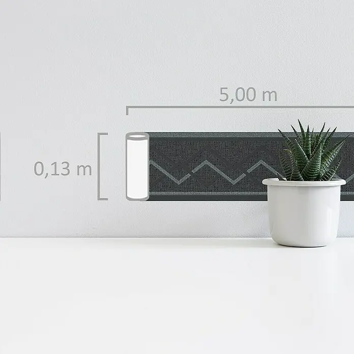 A.S. Création Only Borders 11 Tapetenborte Zick-Zack - Schwarz/Grau, 5 x 0,13 m, Vlies - Eine Nahaufnahme einer grauen Bordüre mit geometrischem Muster und den Maßen 0,13 m Höhe und 5,00 m Länge, die auf einer weißen Oberfläche steht.