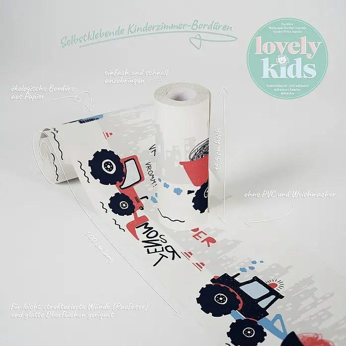A.S. Création Lovely Kids Tapetenborte - Kunststoff, Monstertrucks - Selbstklebende Kinderzimmerbordüre mit bunten Monstertrucks. Die Bordüre ist ökologisch, einfach anzubringen und PVC-frei.