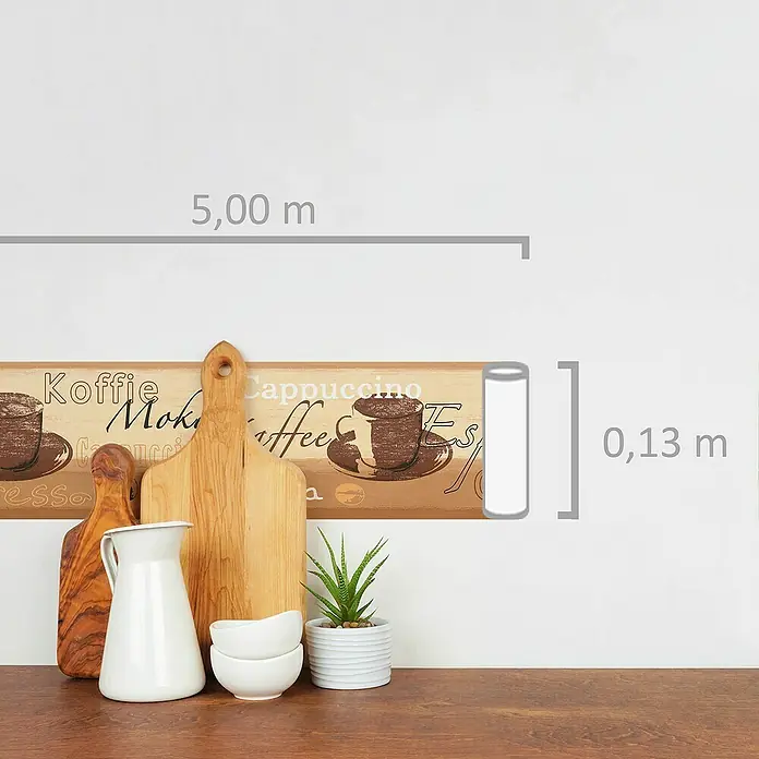 A.S. Création Only Borders 11 Tapetenborte - Kunststoff, Kaffee - Kaffeebilder-Wandbordüre mit Espresso-, Mokka- und Cappuccino-Motiven für eine gemütliche Kaffeehausatmosphäre in der Küche.