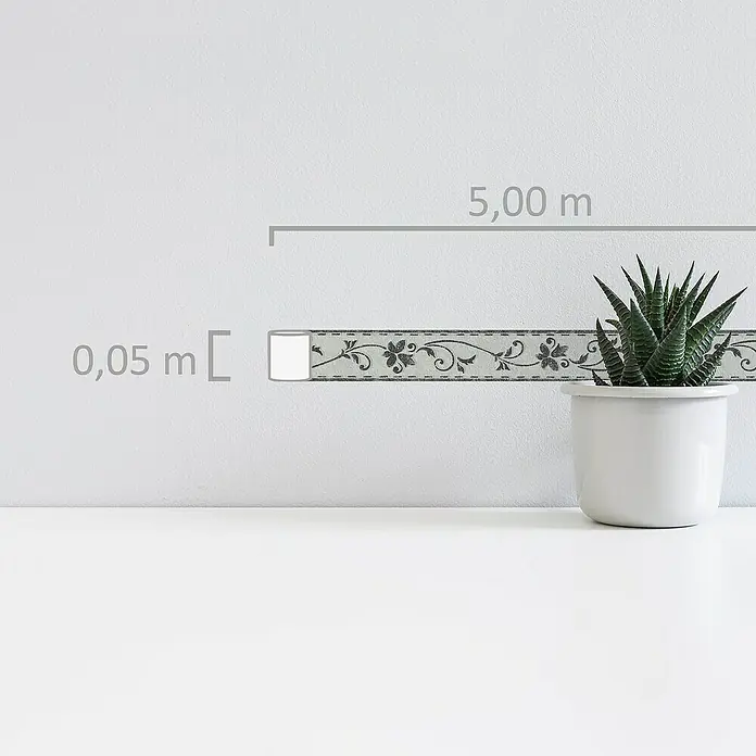 A.S. Création Only Borders 11 Tapetenborte Blumenranke - Kunststoff, Schwarz-Grau - Wandbordüre mit floralem Muster, ideal zur Dekoration von Wohnräumen, mit Maßangaben für die Breite und Länge dargestellt.