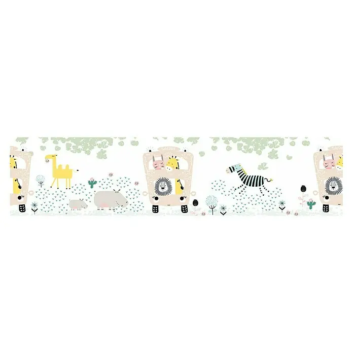 A.S. Création Only Borders 11 Tapetenborte Safari - Kunststoff, Gelb/Grün - Bild einer bunten Safari-Tapete mit Tieren wie Giraffen, Zebras, Nilpferden und Löwen in einem Safari-Bus, ideal für Kinderzimmer.