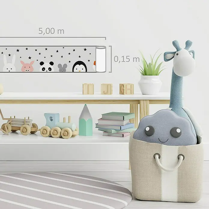 A.S. Création Lovely Kids Tapetenborte - Kunststoff, Tiere - Ein Kinderzimmer zeigt eine dekorative Bordüre mit Tiermotiven an der Wand, die 5,00 m lang und 0,15 m hoch ist.