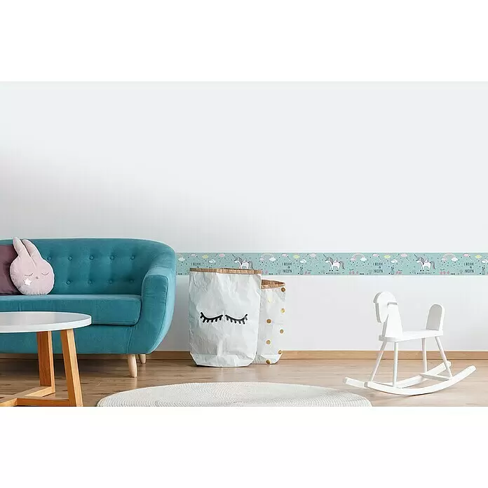 A.S. Création Lovely Kids Tapetenborte - Kunststoff, Einhorn - Hellblaue Tapetenbordüre mit Einhörnern, Regenbögen und Schriftzug 'I BELIEVE IN UNICORNS ARE REAL!'.