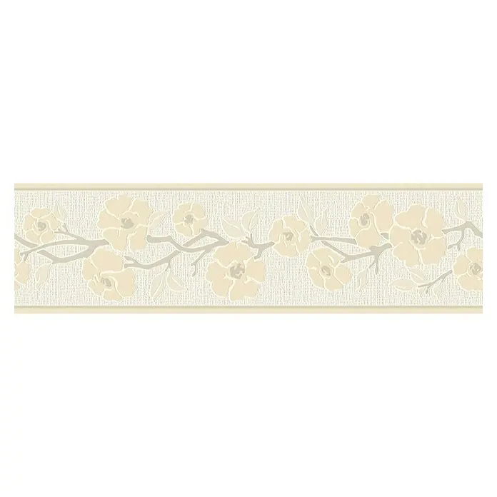 A.S. Création Only Borders 11 Tapetenborte Ranke - Kunststoff, Beige/Weiß - Nahaufnahme eines floralen Bordürenmusters mit cremefarbenen Blumen und grauen Ästen auf beigem Hintergrund mit dezenter Textur.