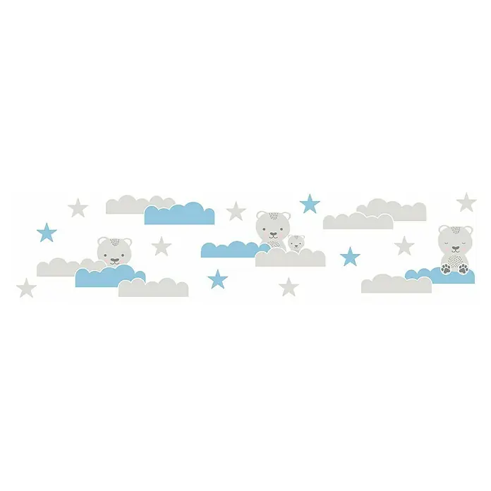 A.S. Création Lovely Kids Tapetenborte - Kunststoff, Wolke & Bär - Ein Wandaufkleber mit Teddybären und Wolken in verschiedenen Blautönen und Grau, ideal für die Dekoration von Kinderzimmern.