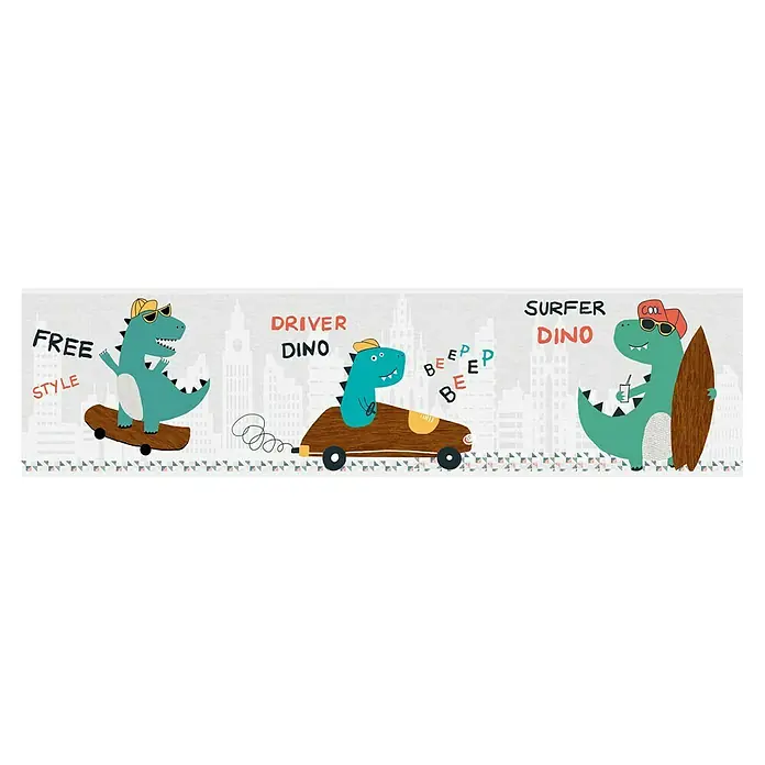 A.S. Création Lovely Kids Tapetenborte - Kunststoff, Dinos - Niedliches Dino-Wandbild zeigt drei Dinos: einen Skateboarder, einen Autofahrer und einen Surfer, perfekt für Kinderzimmer.