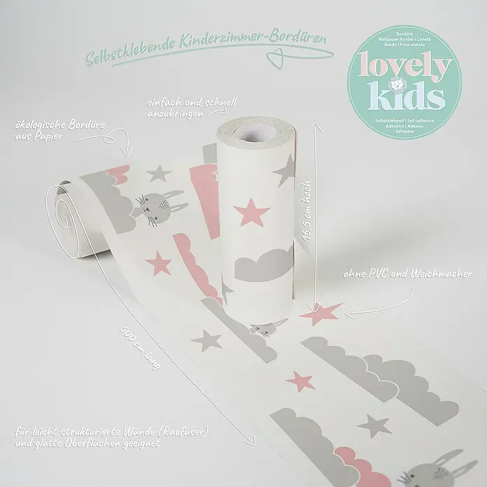 A.S. Création Lovely Kids Tapetenborte - Kunststoff, Wolke & Häschen - Selbstklebende Kinderzimmerbordüre mit niedlichen Hasen- und Wolkenmotiven, 15,5 cm hoch und 500 cm lang.