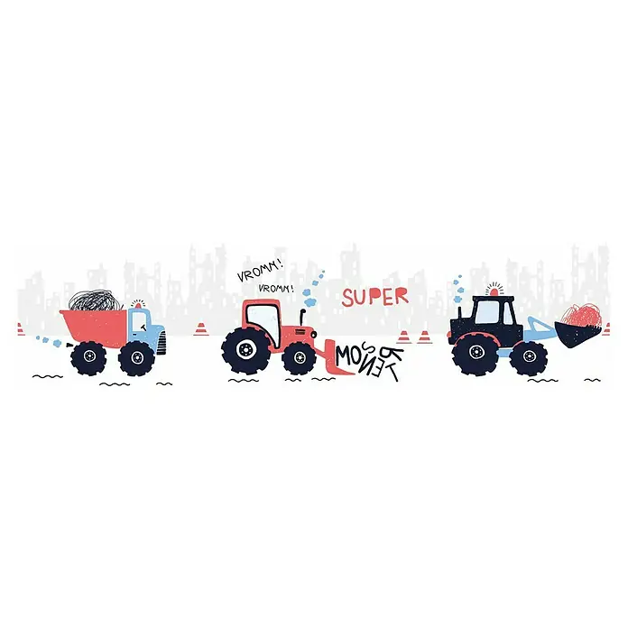 A.S. Création Lovely Kids Tapetenborte - Kunststoff, Monstertrucks - Buntes Bild mit Bauwagen, Traktor und Lader im Comic-Stil, das eine spielerische und fröhliche Atmosphäre für Kinderzimmer schafft.
