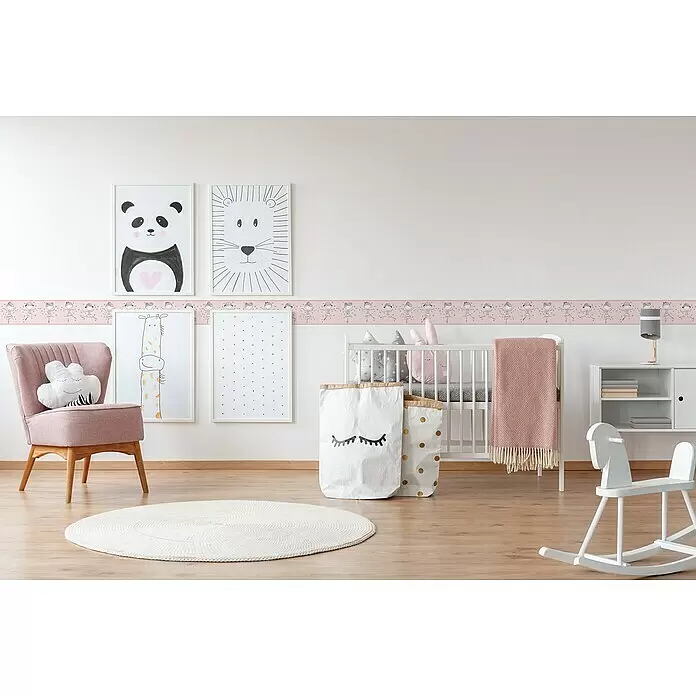 A.S. Création Only Borders 11 Tapetenborte - Kunststoff, Ballerina - Rosa Tapetenbordüre mit tanzenden Ballerina-Figuren, schmückt eine Kinderzimmerwand.