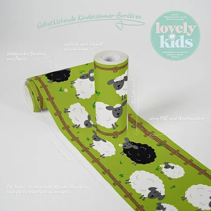 A.S. Création Lovely Kids Tapetenborte - Kunststoff, Schafe - Selbstklebende Kinderzimmer-Bordüre mit Schafen, 15,5 cm hoch und 500 cm lang, ökologisch aus Papier und ohne PVC, für strukturierte und glatte Wände.