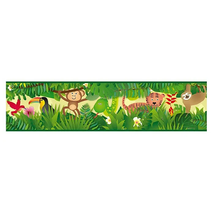 A.S. Création Only Borders 11 Tapetenborte - Kunststoff, Dschungel - Farbenfrohes Dschungel-Wandbild mit verspielten Tieren wie Affe, Tiger und Faultier, ideal für Kinderzimmer.