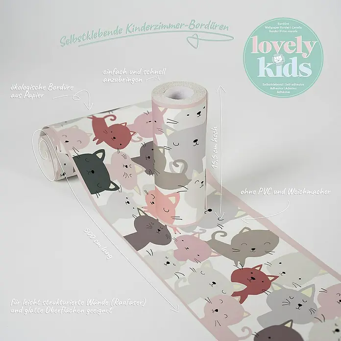 A.S. Création Lovely Kids Tapetenborte - Kunststoff, Kätzchen Rosa - Selbstklebende Kinderzimmerbordüre mit Katzenmotiv, 15,5 cm hoch und 500 cm lang, ökologisch aus Papier, einfach anzubringen, ohne PVC und Weichmacher.