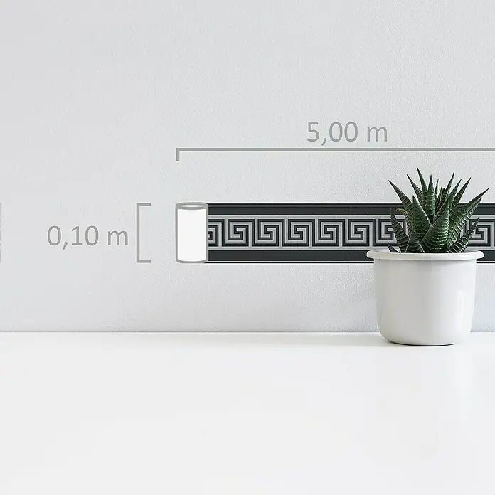 A.S. Création Only Borders 11 Tapetenborte Mäander - Kunststoff, Schwarz/Silber - Wandbordüre mit einem klassischen griechischen Mäandermuster. Die Bordüre ist 0,10 m hoch und 5,00 m lang und eignet sich für die Dekoration von Wänden.