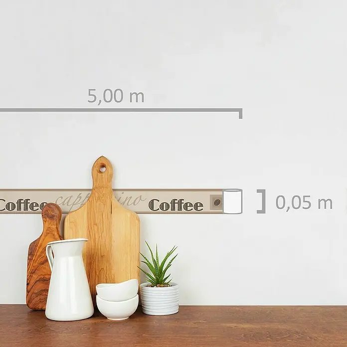 A.S. Création Only Borders 11 Tapetenborte - Kunststoff, Cappuccino - Dekorative Bordüre mit Kaffeemotiv zur Wandgestaltung, 5 Meter lang und 5 cm hoch, für eine gemütliche Küchenatmosphäre.