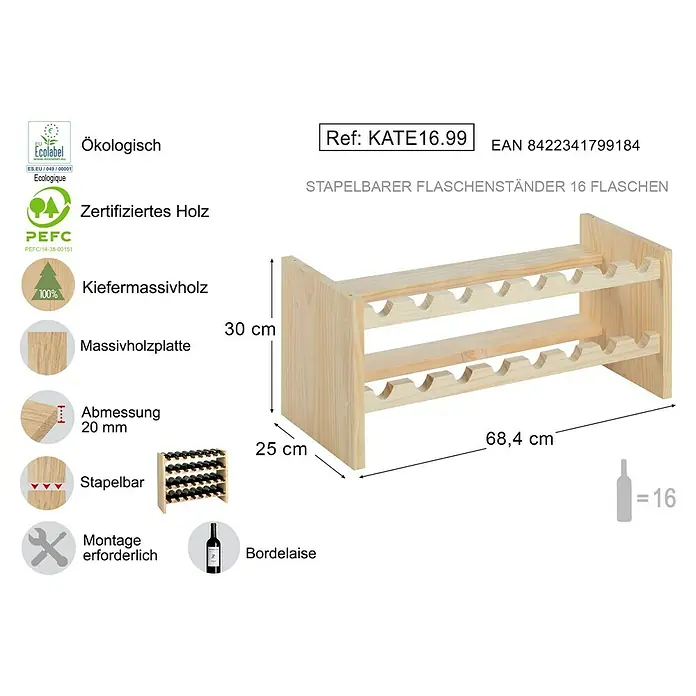 Astigarraga Botellero - L x An x Al: 25 x 68,4 x 30 cm, Madera - Imagen de un botellero apilable para 16 botellas hecho de madera maciza de pino, con unas dimensiones de 68,4 x 25 x 30 cm.