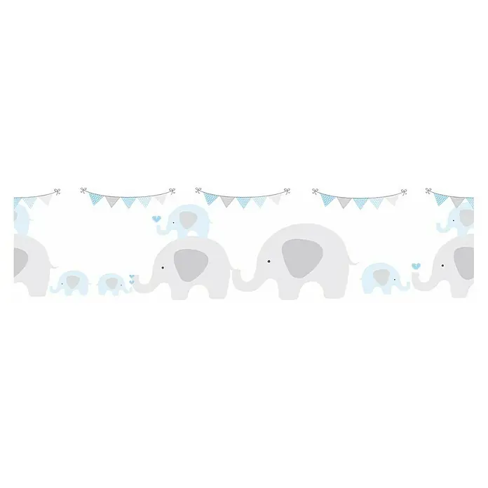 A.S. Création Only Borders 11 Tapetenborte Elefanten - Kunststoff, Blau/Grau - Ein entzückendes Elefantenmotiv mit blauen Wimpeln, ideal für Babypartys und Kinderzimmerdekorationen. Die sanften Farben erzeugen eine beruhigende Atmosphäre.