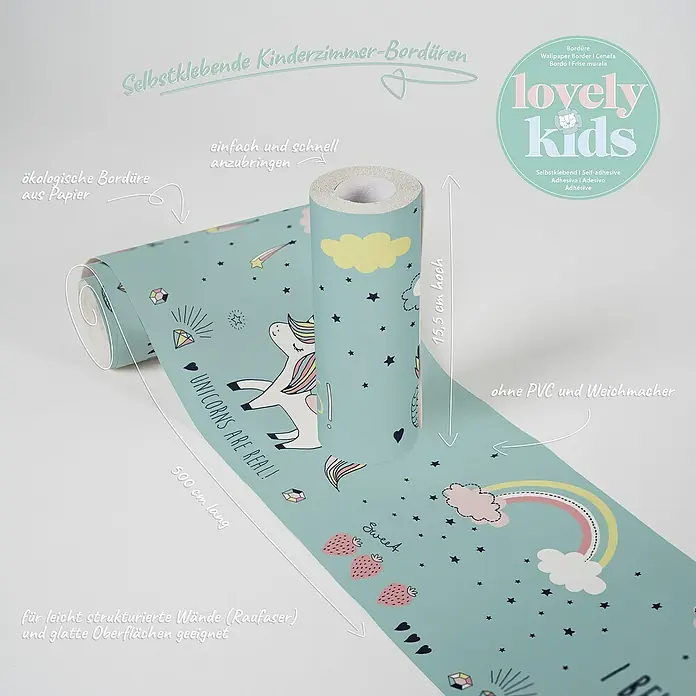 A.S. Création Lovely Kids Tapetenborte - Kunststoff, Einhorn - Kinderzimmer Bordüre mit Einhorn-Motiv. Selbstklebende, ökologische Papierbordüre, 15,5 cm hoch und 500 cm lang, für strukturierte und glatte Wände geeignet.