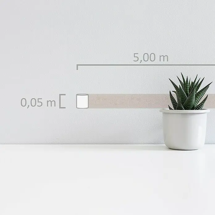 A.S. Création Only Borders 11 Tapetenborte Blattranke - Kunststoff, Creme - Nahaufnahme einer Zimmerpflanze im Topf mit Größenangaben an der Wand. Dekorative und praktische Illustration für Raumgestaltung.
