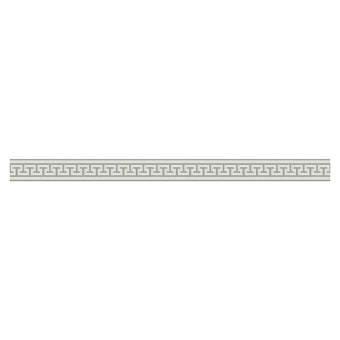 A.S. Création Only Borders 11 Tapetenborte MäanderGrau/Silber, 5 x 0,04 m, Selbstklebefolie - Nahaufnahme eines weißen Zierstreifens mit einem sich wiederholenden griechischen Mäandermuster, ideal für Wanddekorationen.