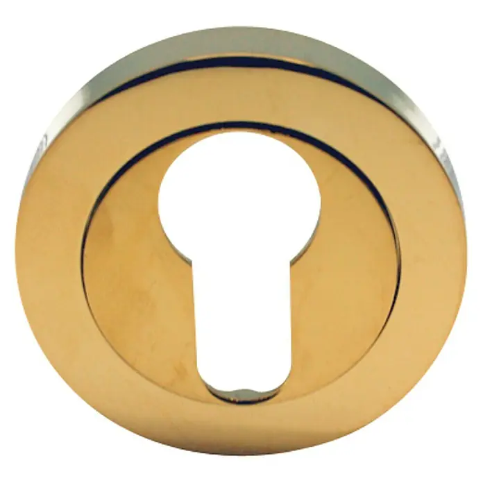 GDK Escudo para cerraduras con bocallave BA 02 - L x An: 50 x 50 mm, Oro - Primer plano de una bocallave dorada con una distintiva forma de ojo de cerradura y un acabado brillante.