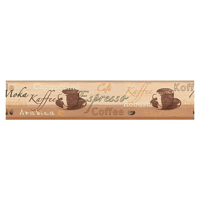 A.S. Création Only Borders 11 Tapetenborte - Kunststoff, Cappuccino - Detailaufnahme eines Bordüre mit Kaffee-Motiven und verschiedenen Kaffeesorten-Namen, eine dekorative und stimmungsvolle Küchengestaltung.