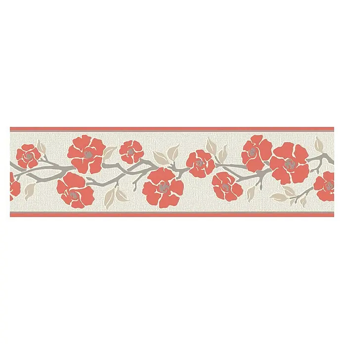 A.S. Création Only Borders 11 Tapetenborte Ranke - Kunststoff, Rot/Weiß/Grau - Elegante Bordüre mit floralem Muster: Eine dekorative Bordüre mit stilisierten Rosenblüten und Blättern auf beigem Grund.