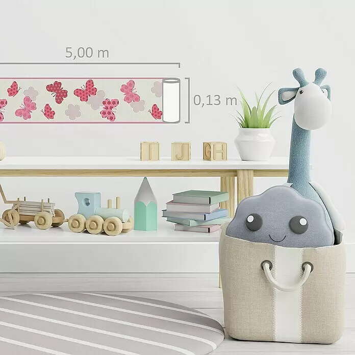 A.S. Création Only Borders 11 Tapetenborte Schmetterlinge - Kunststoff, Rosa - Dekorative Tapetenbordüre mit rosa Schmetterlingen und Wolkenmuster, 5,00 m lang und 0,13 m hoch, fürs Kinderzimmer.