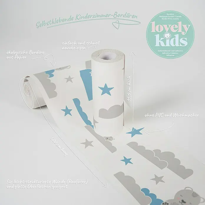 A.S. Création Lovely Kids Tapetenborte - Kunststoff, Wolke & Bär - Selbstklebende Kinderzimmer-Bordüre mit Wolken-, Sternen- und Teddybär-Motiv, 15,5 cm hoch und 500 cm lang, ideal für strukturierte und glatte Wände.