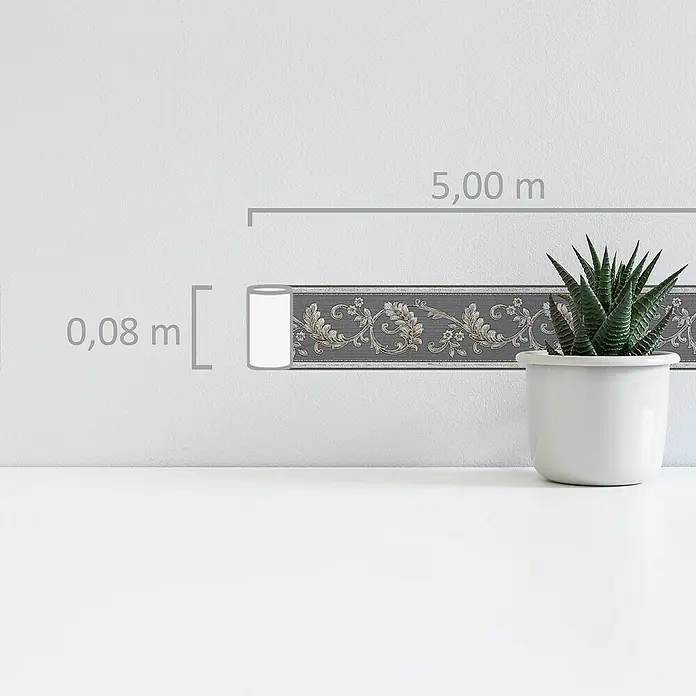 A.S. Création Only Borders 11 Tapetenborte Ornament - Kunststoff, Grau/Braun - Dieses Bild zeigt eine Bordüre mit floralem Muster, die 5,00 m lang und 0,08 m hoch ist, ideal als Wanddekoration.